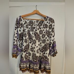 Boho Paisley Peasant Top - Purple, Yellow, White